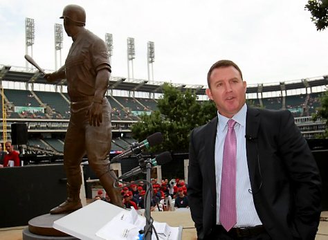 Former Cleveland Indian Jim Thome speaks to fans after having a statue dedicated to him inside Progressive Field prior to an Indians baseball game against the Texas Rangers, Saturday, Aug. 2, 2014, in Cleveland. (AP Photo/Aaron Josefczyk)