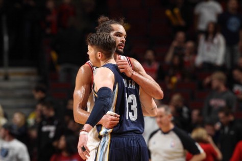CHICAGO, IL - MARCH 7: Joakim Noah #13 of the Chicago Bulls and Mike Miller #13 of the Memphis Grizzlies hug after the game on March 07, 2014 at the United Center in Chicago, Illinois. NOTE TO USER: User expressly acknowledges and agrees that, by downloading and or using this Photograph, user is consenting to the terms and conditions of the Getty Images License Agreement. Mandatory Copyright Notice: Copyright 2013 NBAE (Photo by Gary Dineen/NBAE via Getty Images)